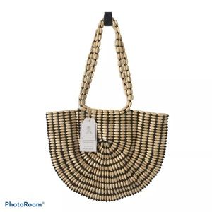 New Beach Tote Shoulder Bag, Ivory Wood Beaded